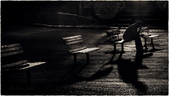 PH2171a folio people crop sad on curve of park benches in backlit sunset sfz zf- 3454-6-8-60