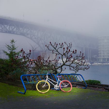PH2676a folio Vancouver FotoGrafika foggy Granville bridge with rainbow bicycle -3618--26